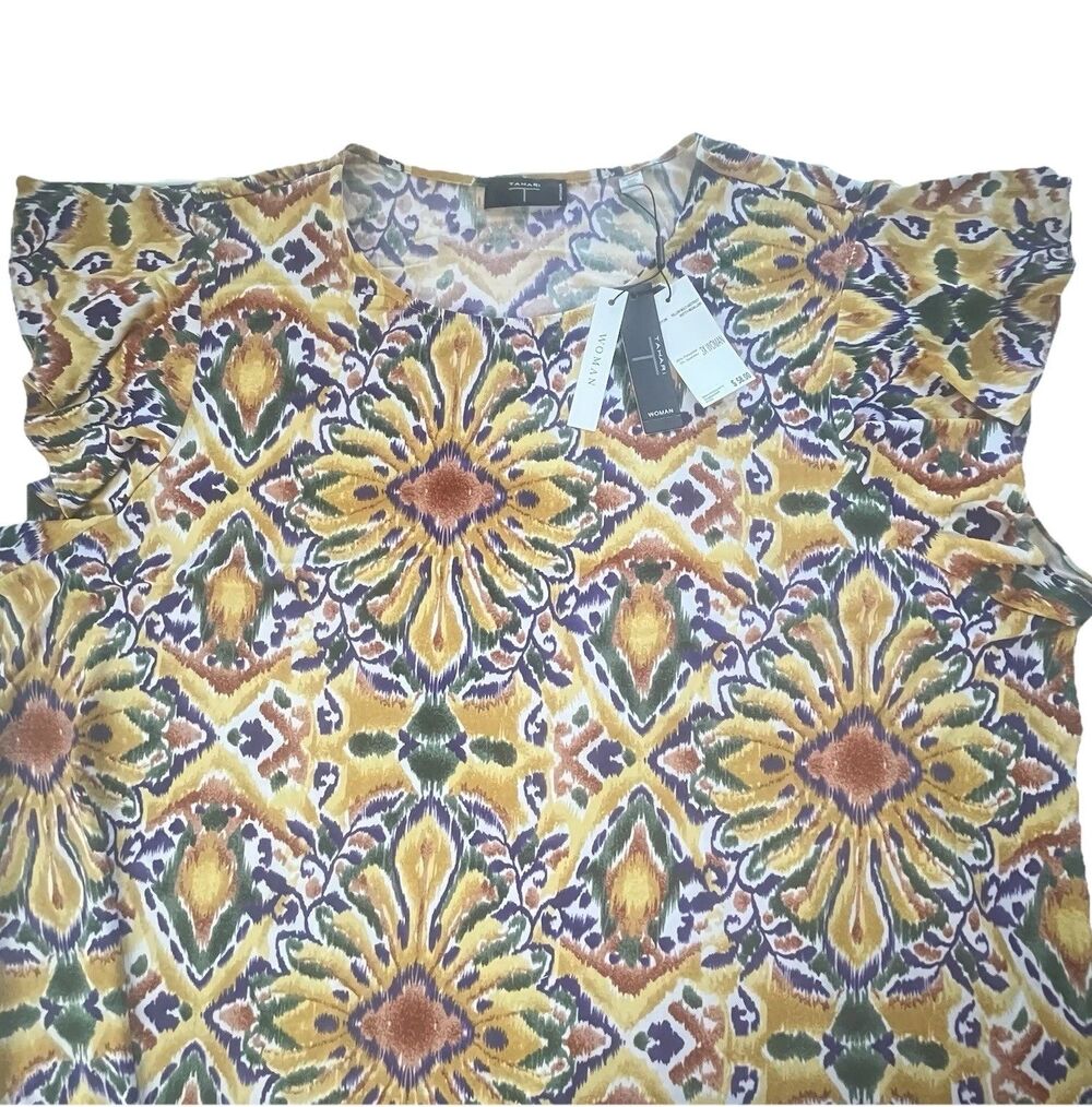Tahari Women's Blouse Flutter Sleeves Yellow & Purple Abstract Design New 3XL